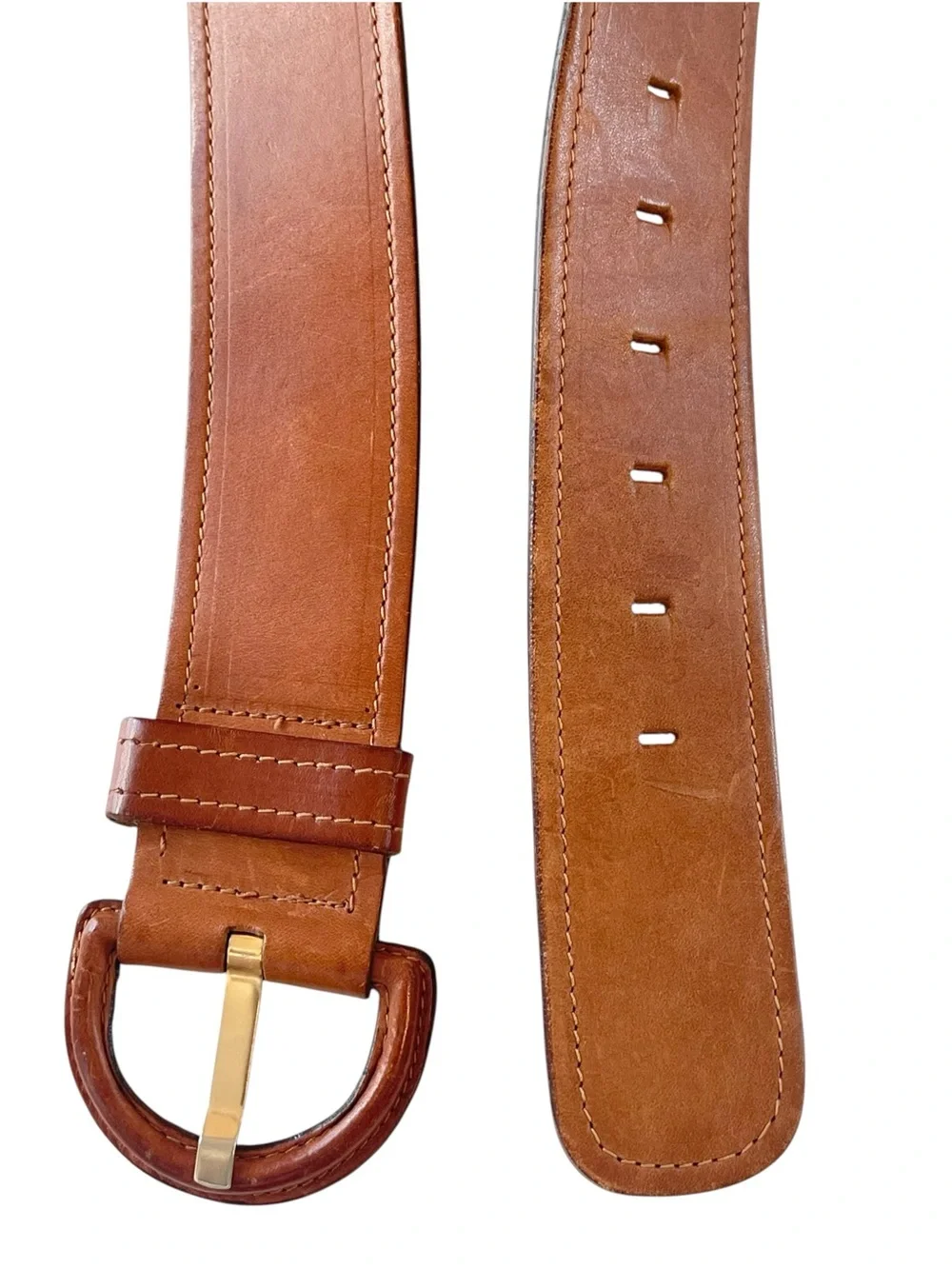 Cognac Brown Leather Wide Waist Belt Oversized D Buckle Size M